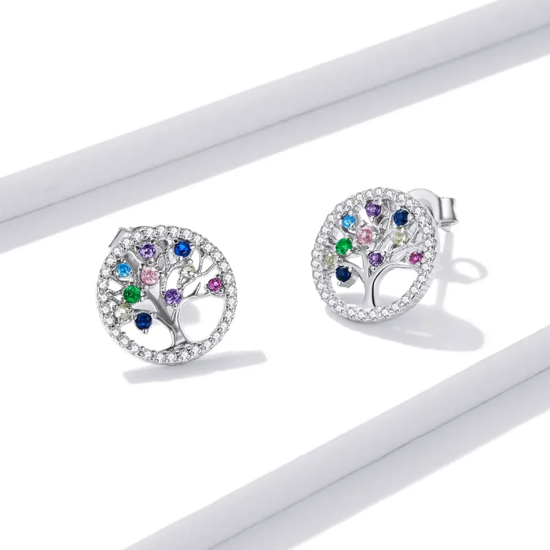 (image for) Pandora Style Colorful Tree of Life Stud Earrings - BSE497 - View 3