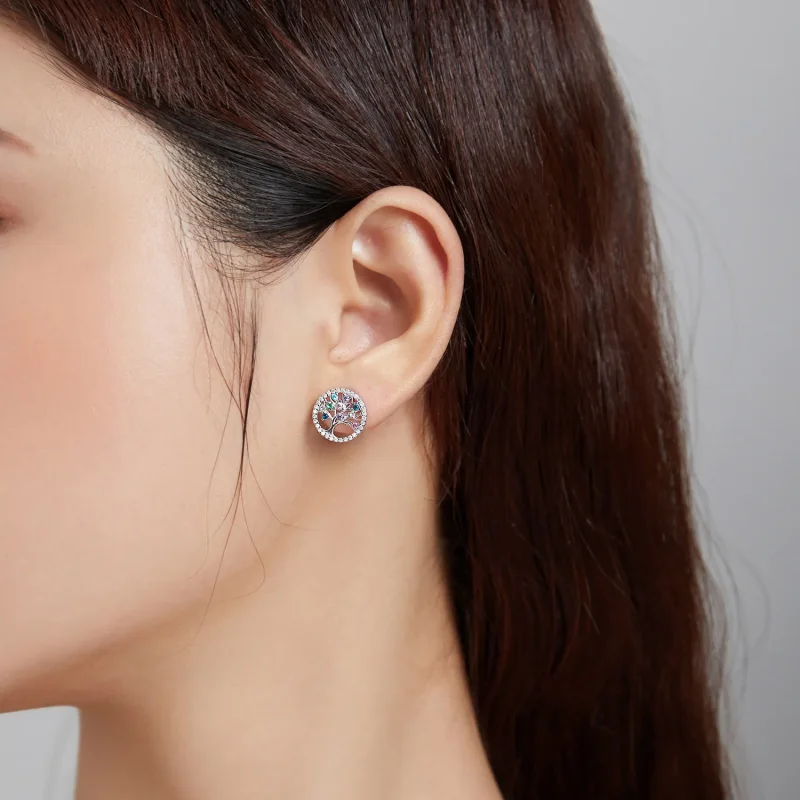 (image for) Pandora Style Colorful Tree of Life Stud Earrings - BSE497 - View 6