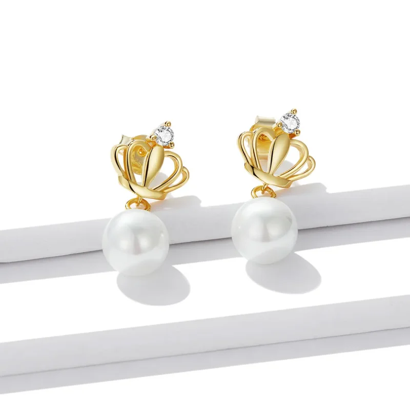 (image for) Pandora Style Crown Shell Beads Stud Earrings - BSE549 - View 2
