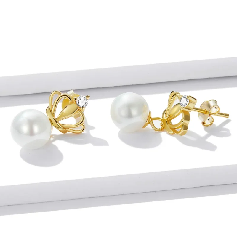 (image for) Pandora Style Crown Shell Beads Stud Earrings - BSE549 - View 3