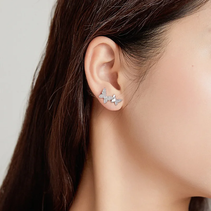 (image for) Pandora Style Double Butterfly Stud Earrings - SCE1070 - View 3