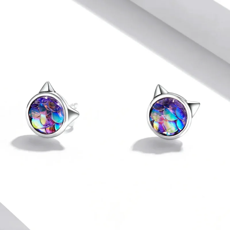 (image for) Pandora Style Fish Scale Cat Head Stud Earrings - SCE1301 - View 3