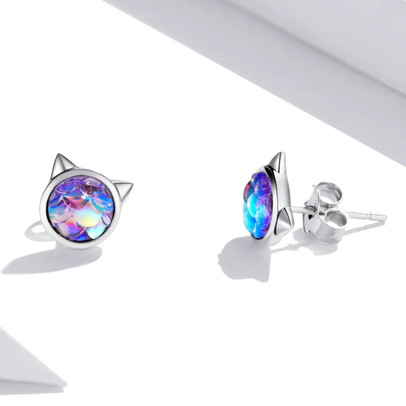 (image for) Pandora Style Fish Scale Cat Head Stud Earrings - SCE1301 - View 4