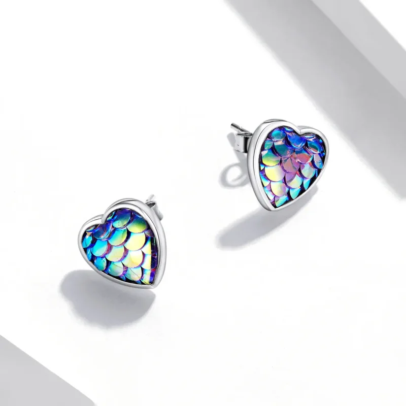(image for) Pandora Style Fish Scale Heart Stud Earrings - SCE1300 - View 2