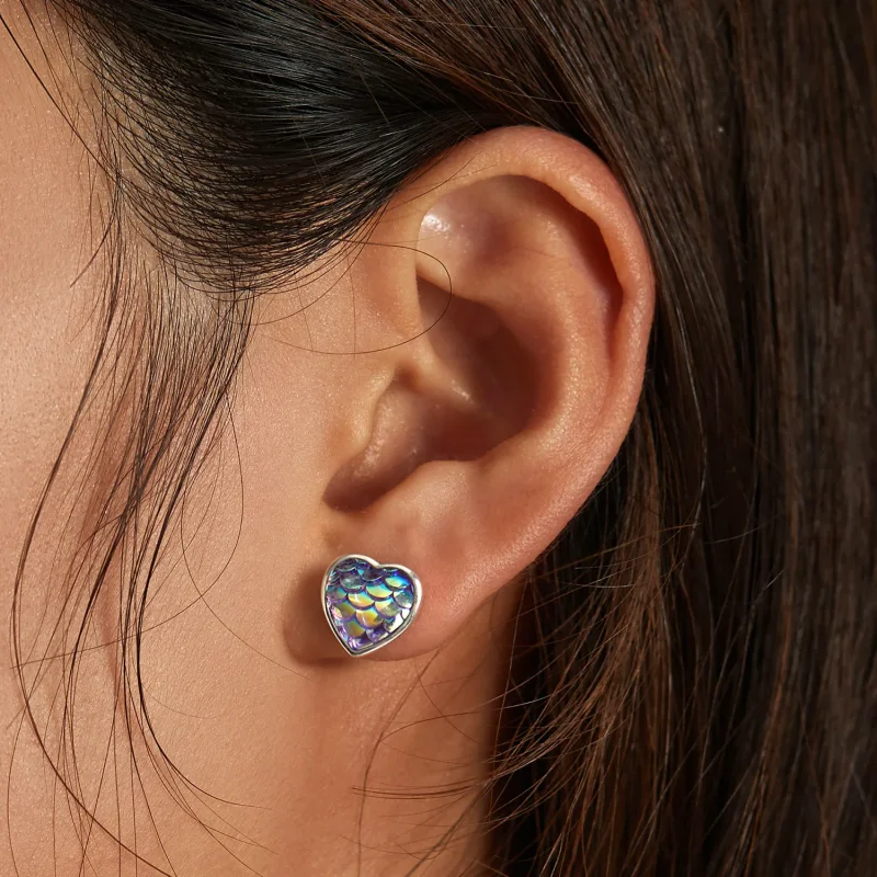 (image for) Pandora Style Fish Scale Heart Stud Earrings - SCE1300 - View 6