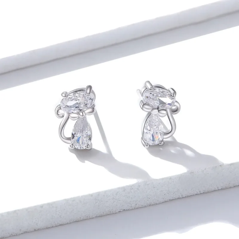(image for) Pandora Style Four Corner Stone Kitten Stud Earrings - BSE206 - View 3