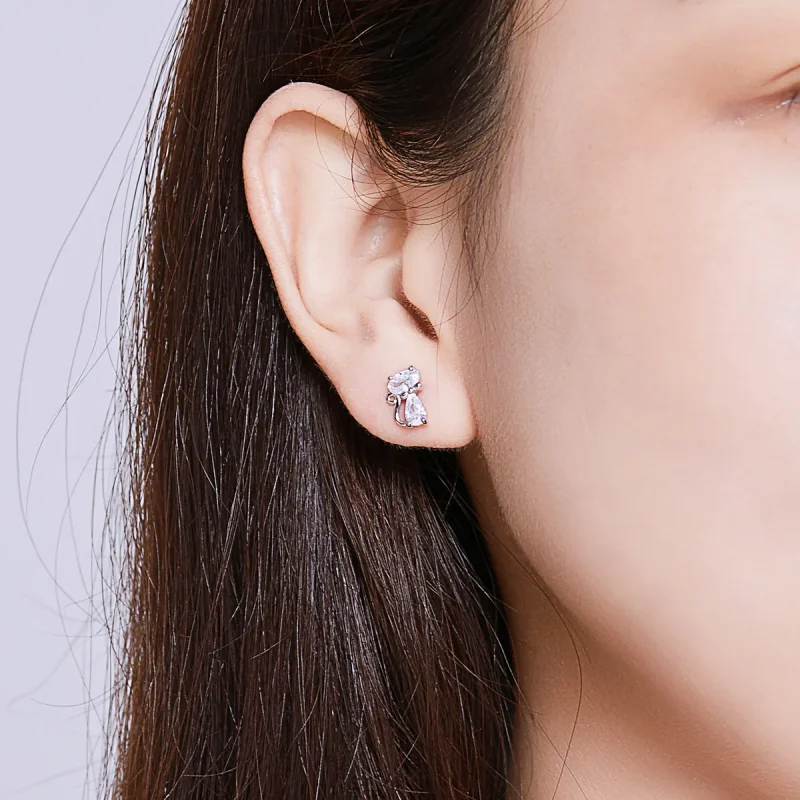 (image for) Pandora Style Four Corner Stone Kitten Stud Earrings - BSE206 - View 6