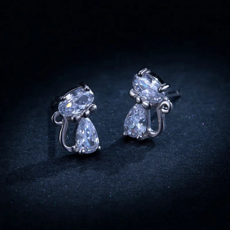 (image for) Pandora Style Four Corner Stone Kitten Stud Earrings - BSE206 - View 8