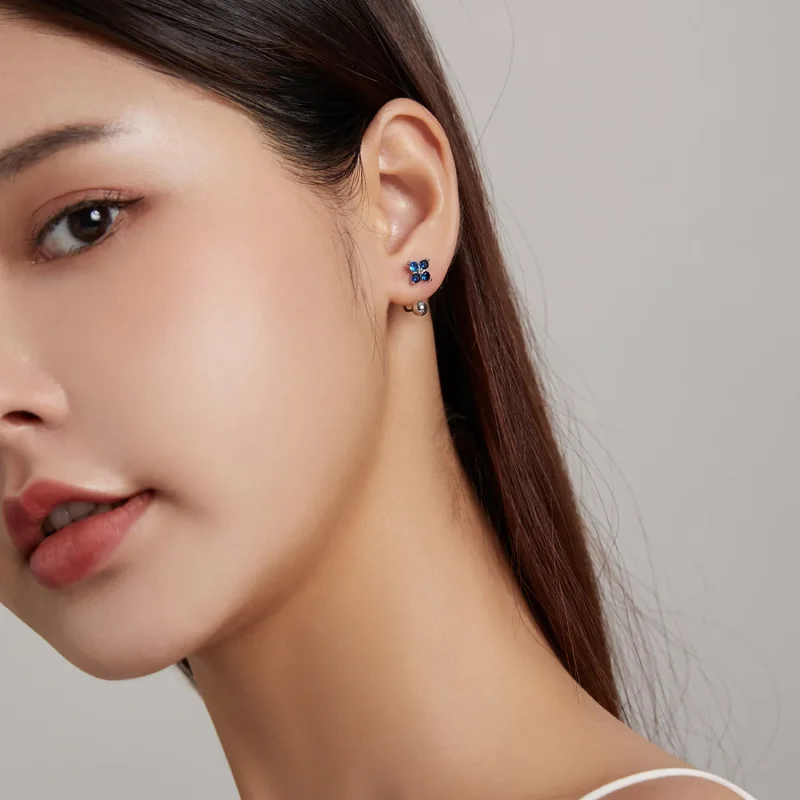 (image for) Pandora Style Four-Petal Flower Stud Earrings - SCE1177-A - View 4
