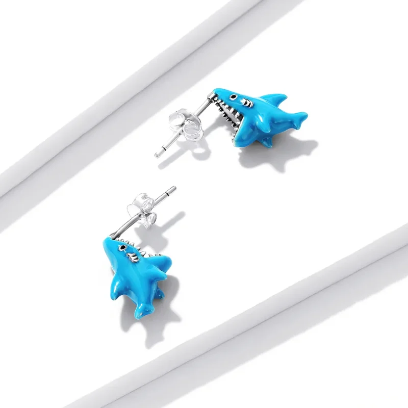 (image for) Pandora Style Funny Little Shark Stud Earrings - BSE563 - View 3