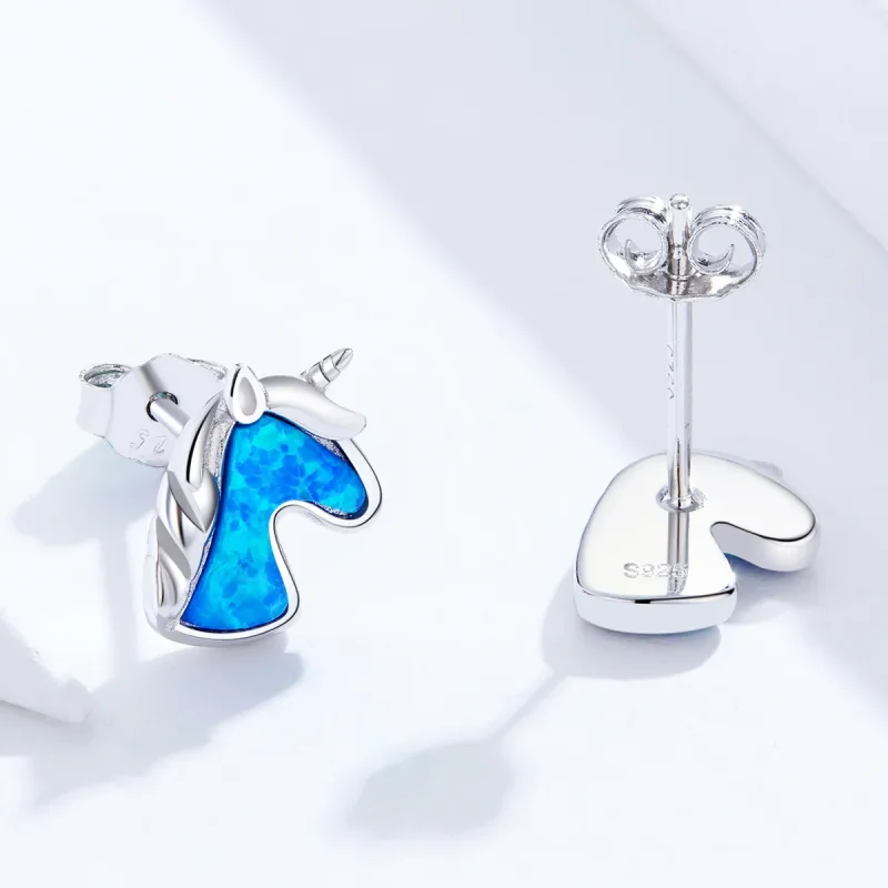 (image for) Pandora Style Light Blue Opal Unicorn Stud Earrings - SCE815-A - View 4