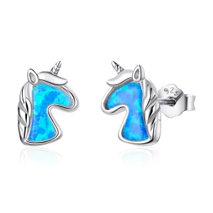 (image for) Pandora Style Light Blue Opal Unicorn Stud Earrings - SCE815-A