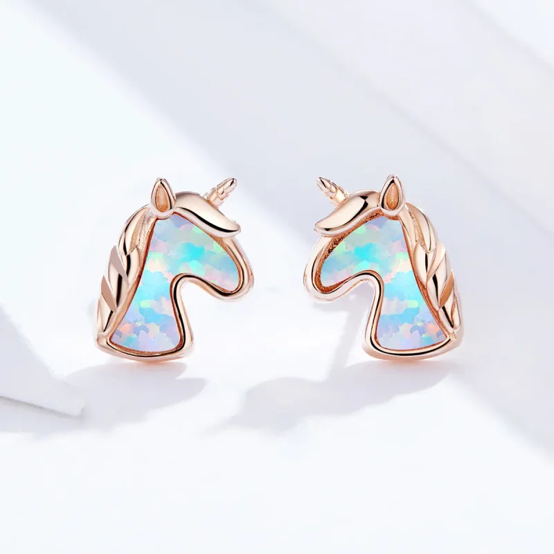(image for) Pandora Style Ocean Blue Opal Unicorn Stud Earrings - SCE815-C - View 2