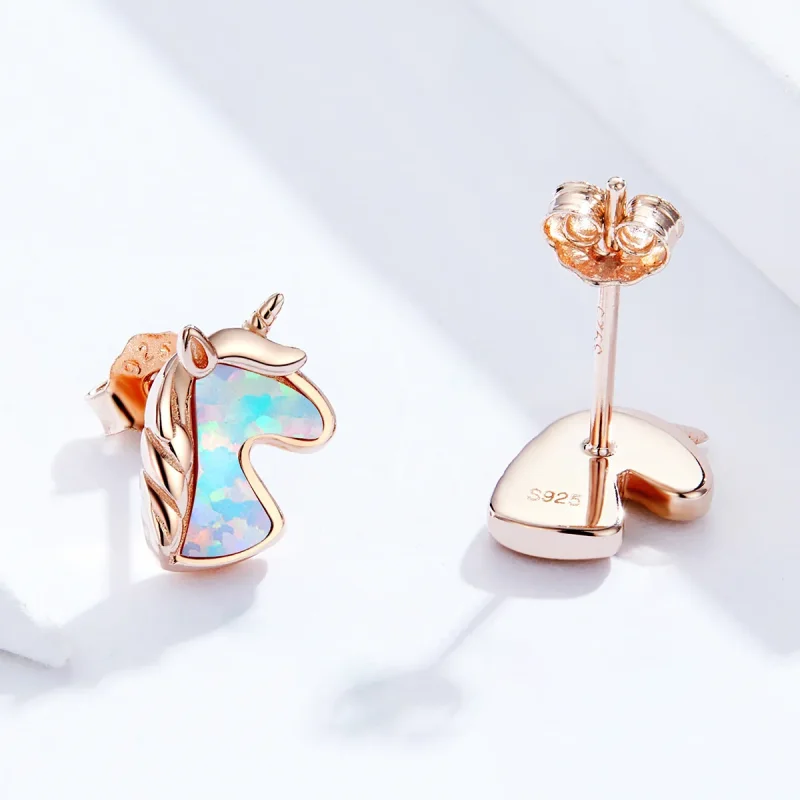 (image for) Pandora Style Ocean Blue Opal Unicorn Stud Earrings - SCE815-C - View 3