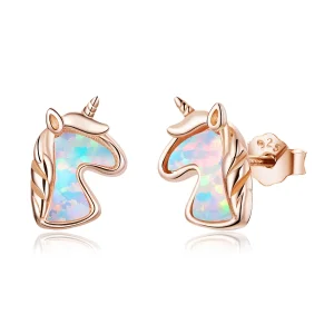 (image for) Pandora Style Ocean Blue Opal Unicorn Stud Earrings - SCE815-C