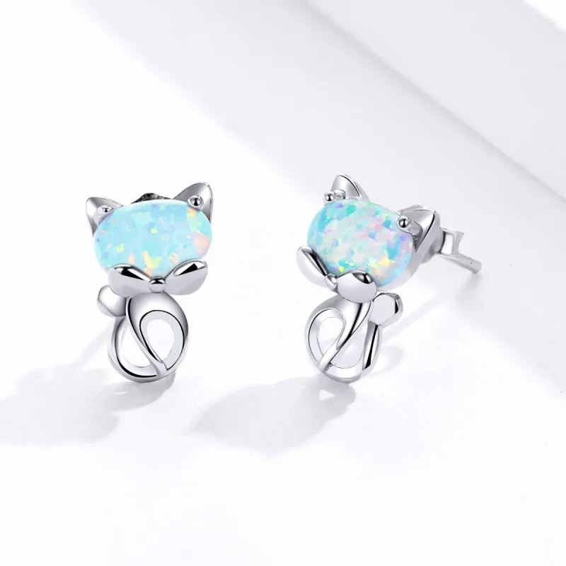 (image for) Pandora Style Opal Cute Cat Stud Earrings - SCE828 - View 3