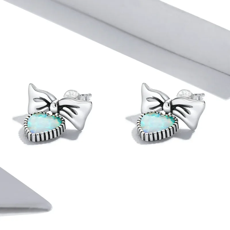 (image for) Pandora Style Opal Heart Bow Stud Earrings - SCE1374 - View 2