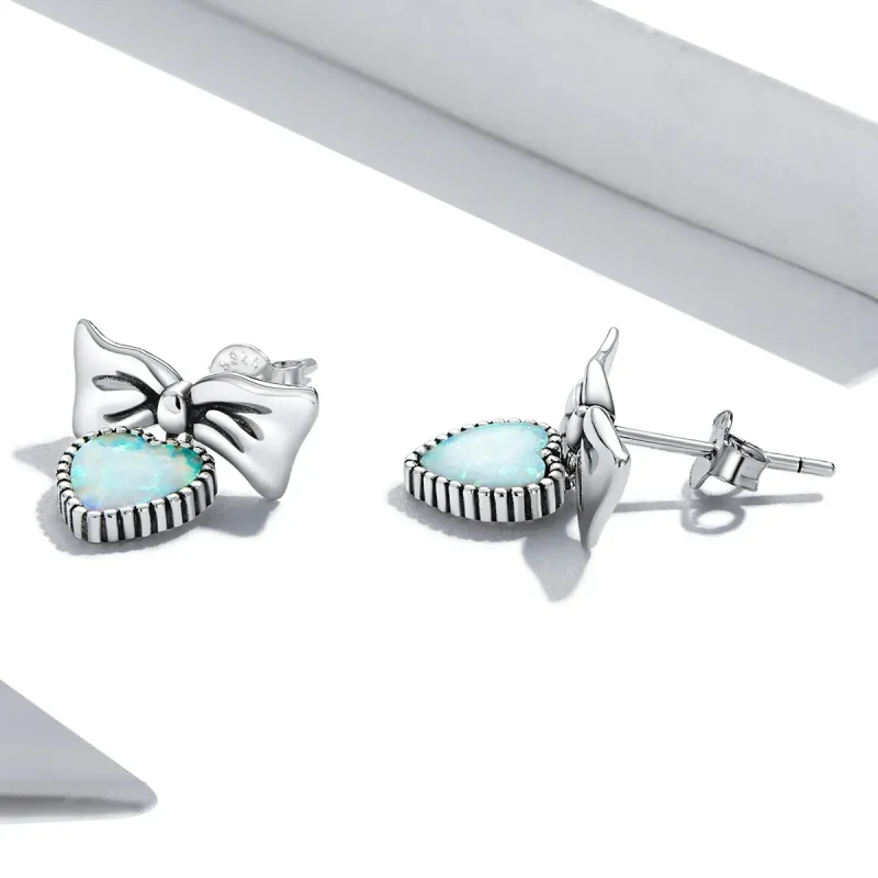 (image for) Pandora Style Opal Heart Bow Stud Earrings - SCE1374 - View 3