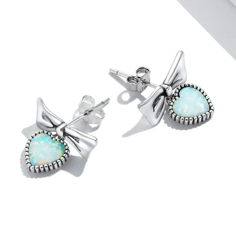 (image for) Pandora Style Opal Heart Bow Stud Earrings - SCE1374 - View 4