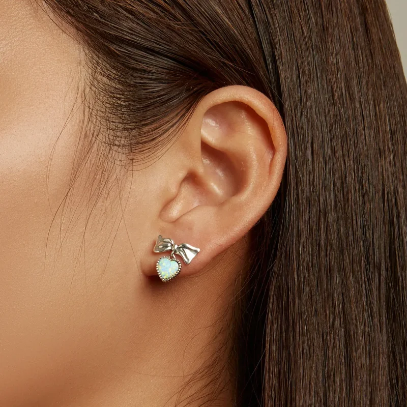 (image for) Pandora Style Opal Heart Bow Stud Earrings - SCE1374 - View 7