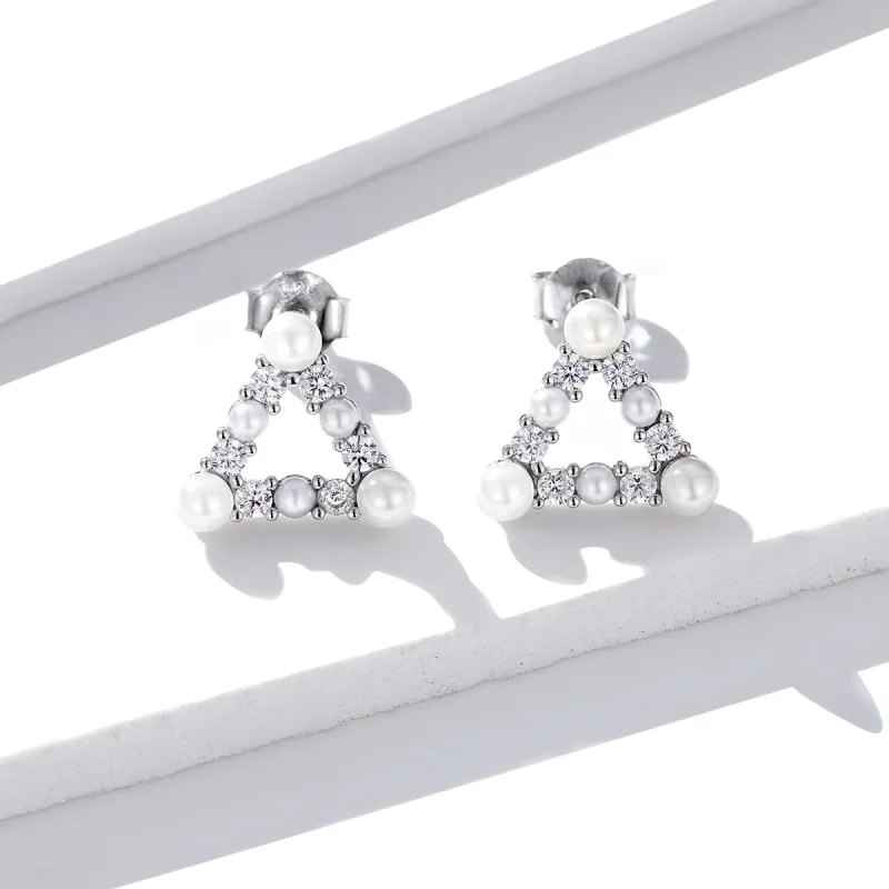 (image for) Pandora Style Pearl Triangle Stud Earrings - BSE215 - View 3