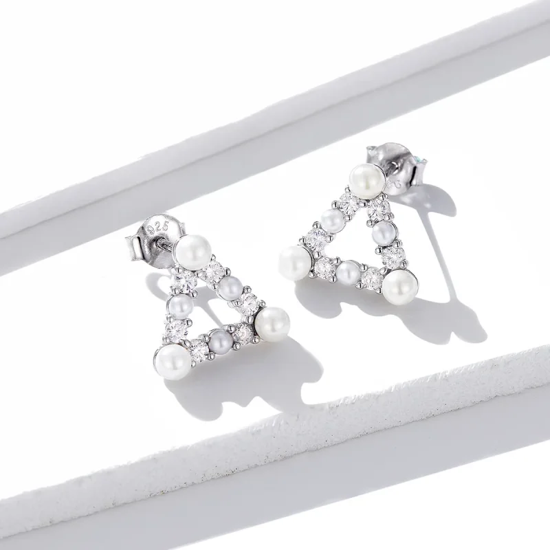 (image for) Pandora Style Pearl Triangle Stud Earrings - BSE215 - View 4