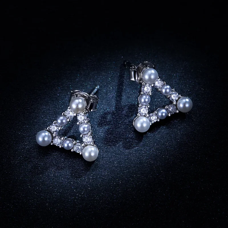 (image for) Pandora Style Pearl Triangle Stud Earrings - BSE215 - View 8