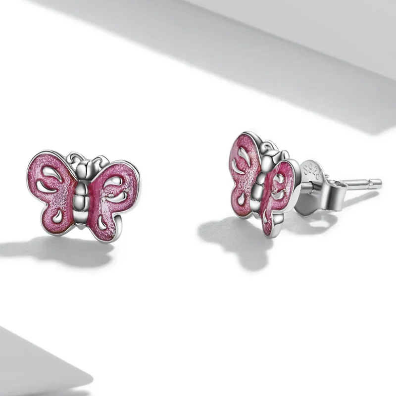(image for) Pandora Style Pink Butterfly Stud Earrings - SCE1344 - View 3
