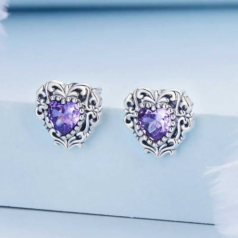 (image for) Pandora Style Purple Zircon Heart Stud Earrings - BSE695 - View 2