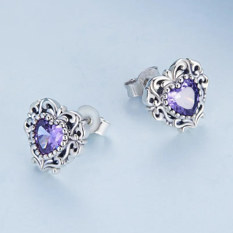 (image for) Pandora Style Purple Zircon Heart Stud Earrings - BSE695 - View 4
