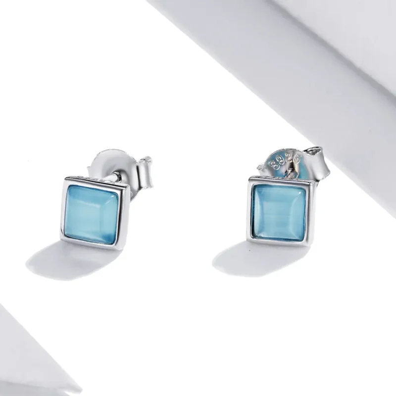 (image for) Pandora Style Simple Geometry - Blue Cat's Eye Stud Earrings - SCE1269-BU - View 2