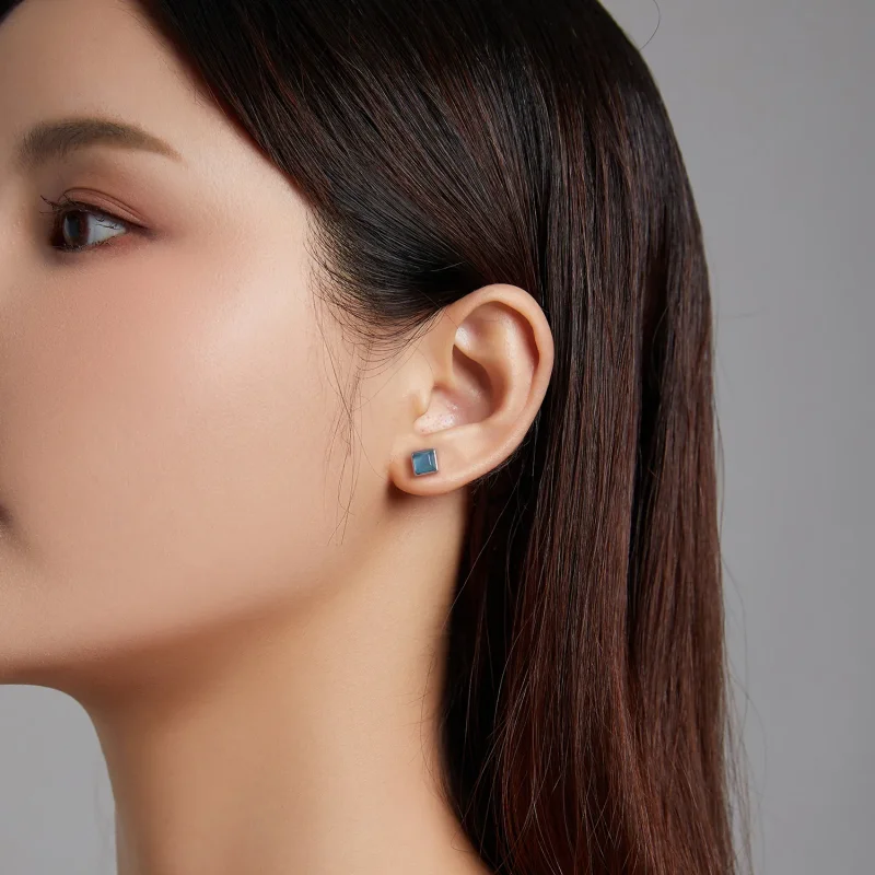 (image for) Pandora Style Simple Geometry - Blue Cat's Eye Stud Earrings - SCE1269-BU - View 3