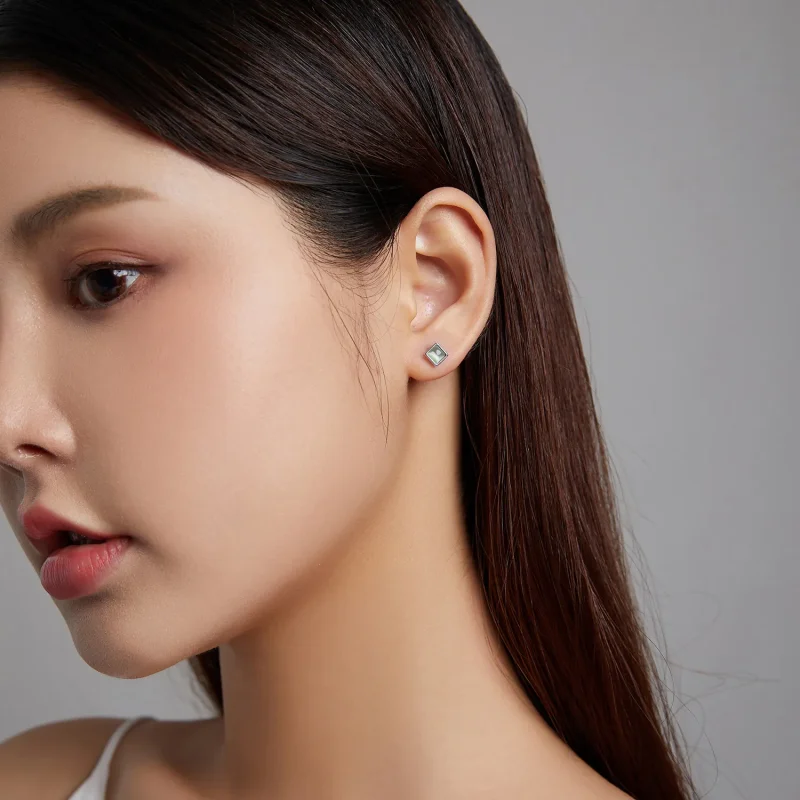 (image for) Pandora Style Simple Geometry - Green Cat's Eye Stud Earrings - SCE1269-GN - View 3