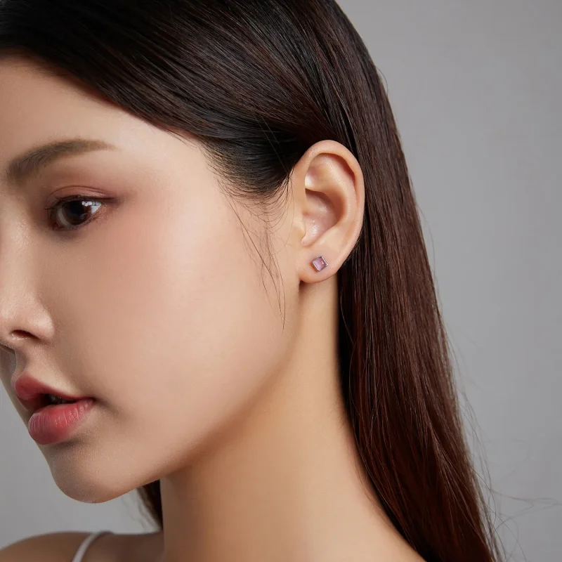 (image for) Pandora Style Simple Geometry - Pink Cat's Eye Stud Earrings - SCE1269-PK - View 3