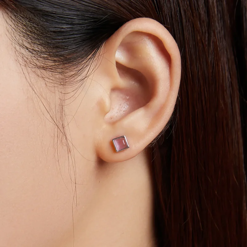 (image for) Pandora Style Simple Geometry - Pink Cat's Eye Stud Earrings - SCE1269-PK - View 5