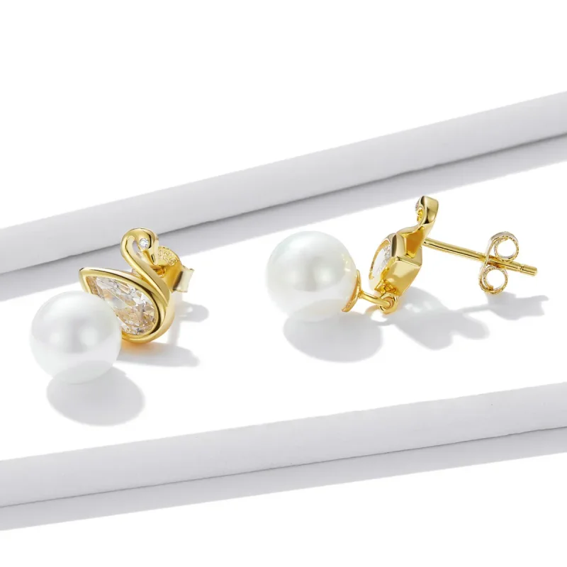 (image for) Pandora Style Swan Shell Beads Stud Earrings - BSE548 - View 3