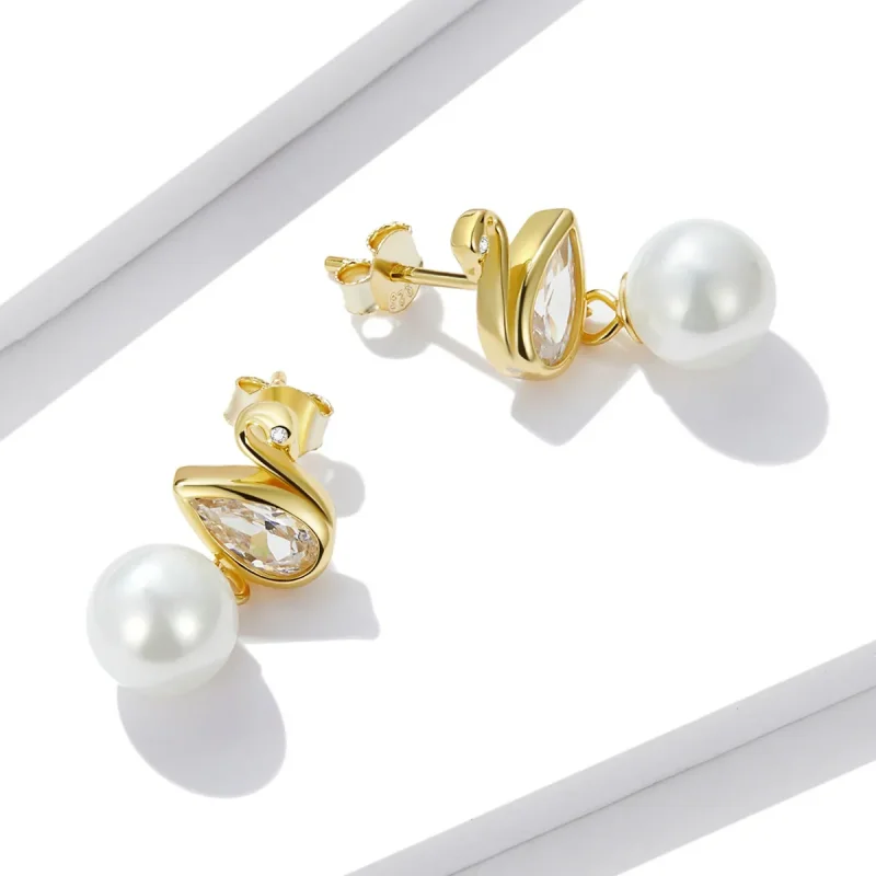 (image for) Pandora Style Swan Shell Beads Stud Earrings - BSE548 - View 4