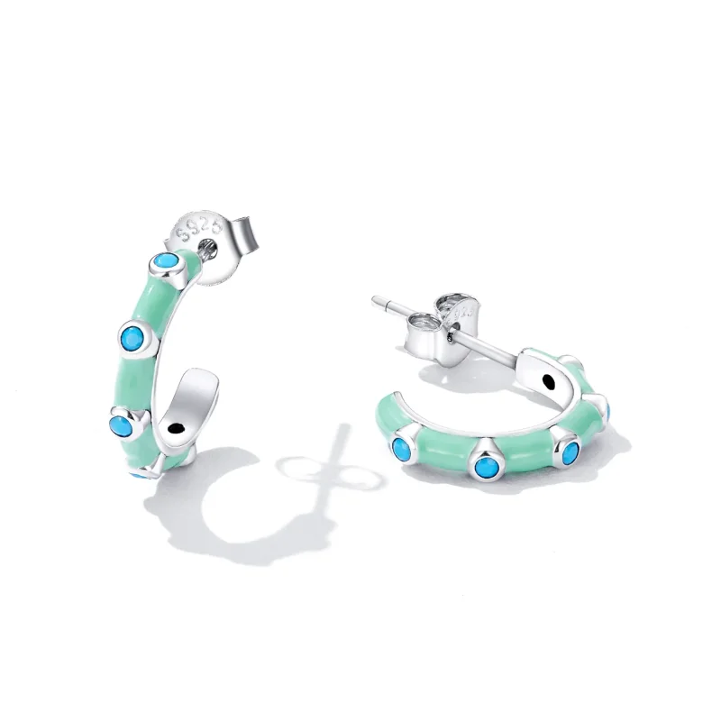 (image for) Pandora Style Turquoise Half Circle Stud Earrings - SCE1404 - View 2