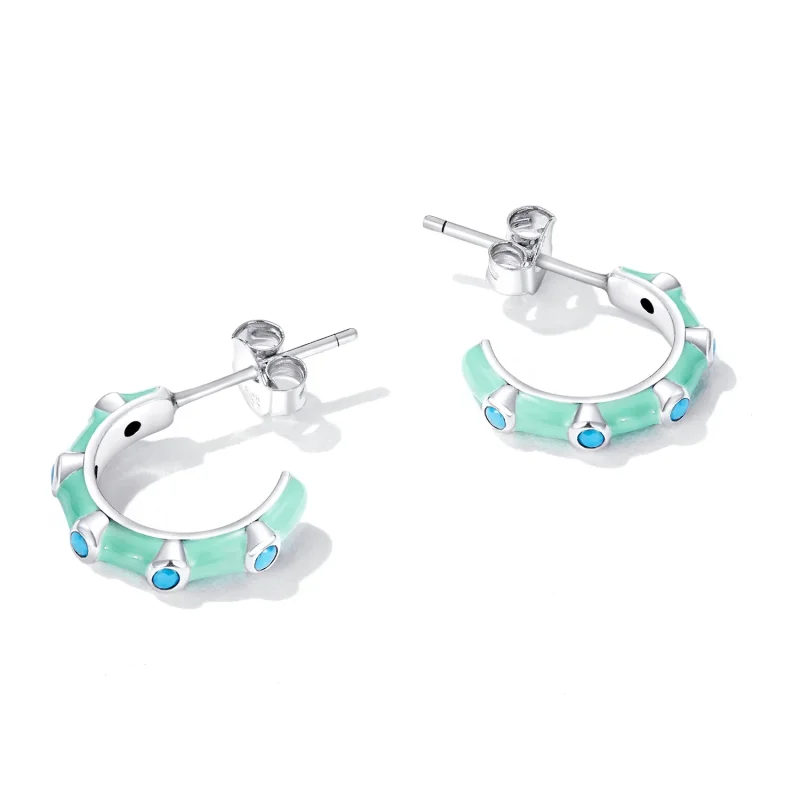 (image for) Pandora Style Turquoise Half Circle Stud Earrings - SCE1404 - View 3