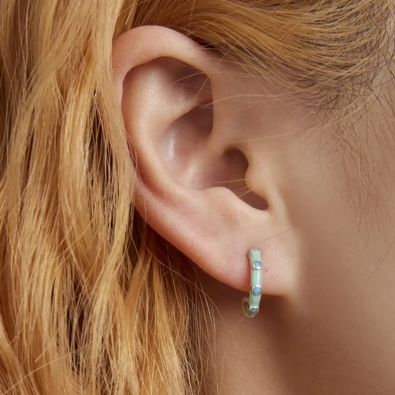 (image for) Pandora Style Turquoise Half Circle Stud Earrings - SCE1404 - View 6