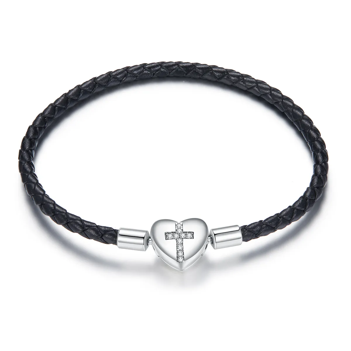 Pandora Style Silver Christening Cross Leather bracelet - SCB205