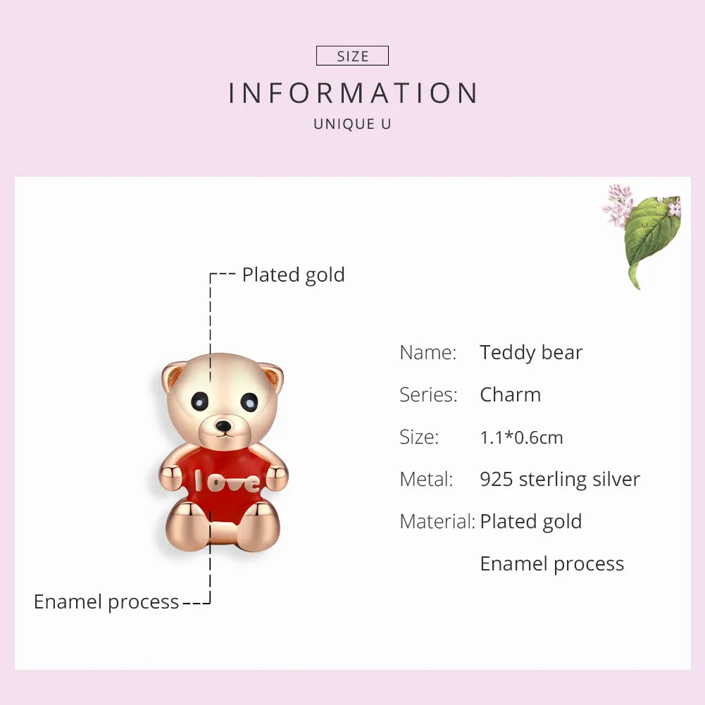 Pandora Style Rose Gold Teddy Bear Charm - BSC228