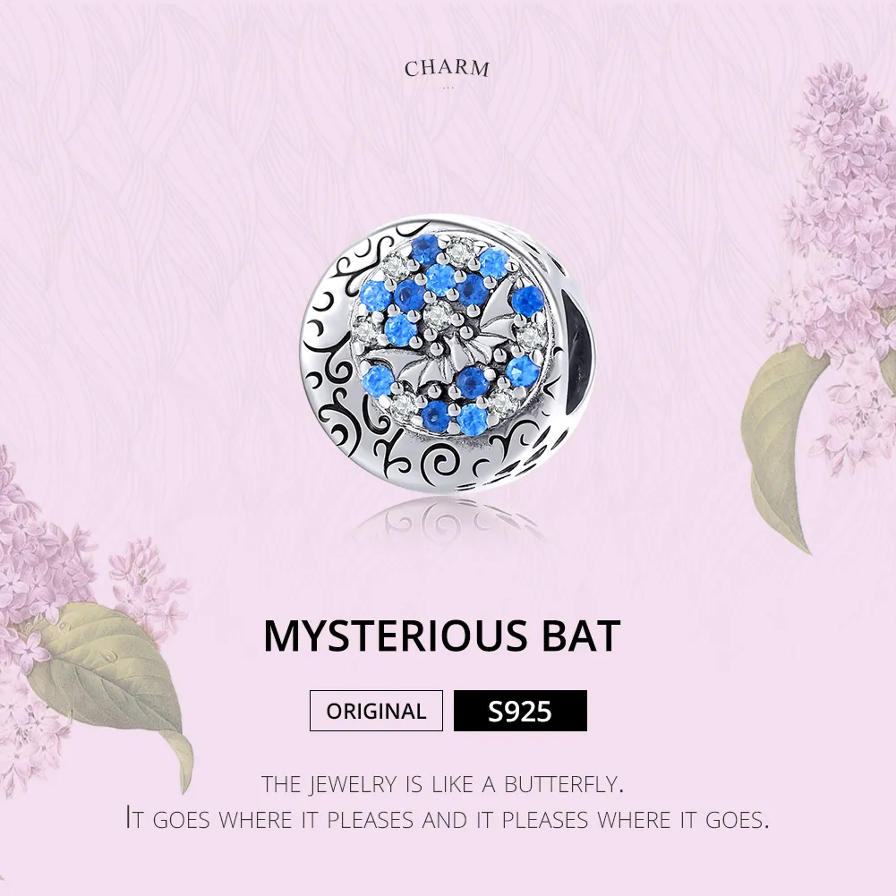 Pandora Style Silver Blue Stone Mysterious Bat Charm - SCC1554