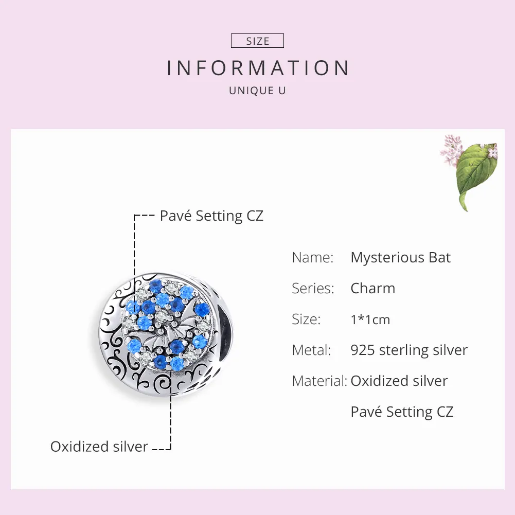 Pandora Style Silver Blue Stone Mysterious Bat Charm - SCC1554