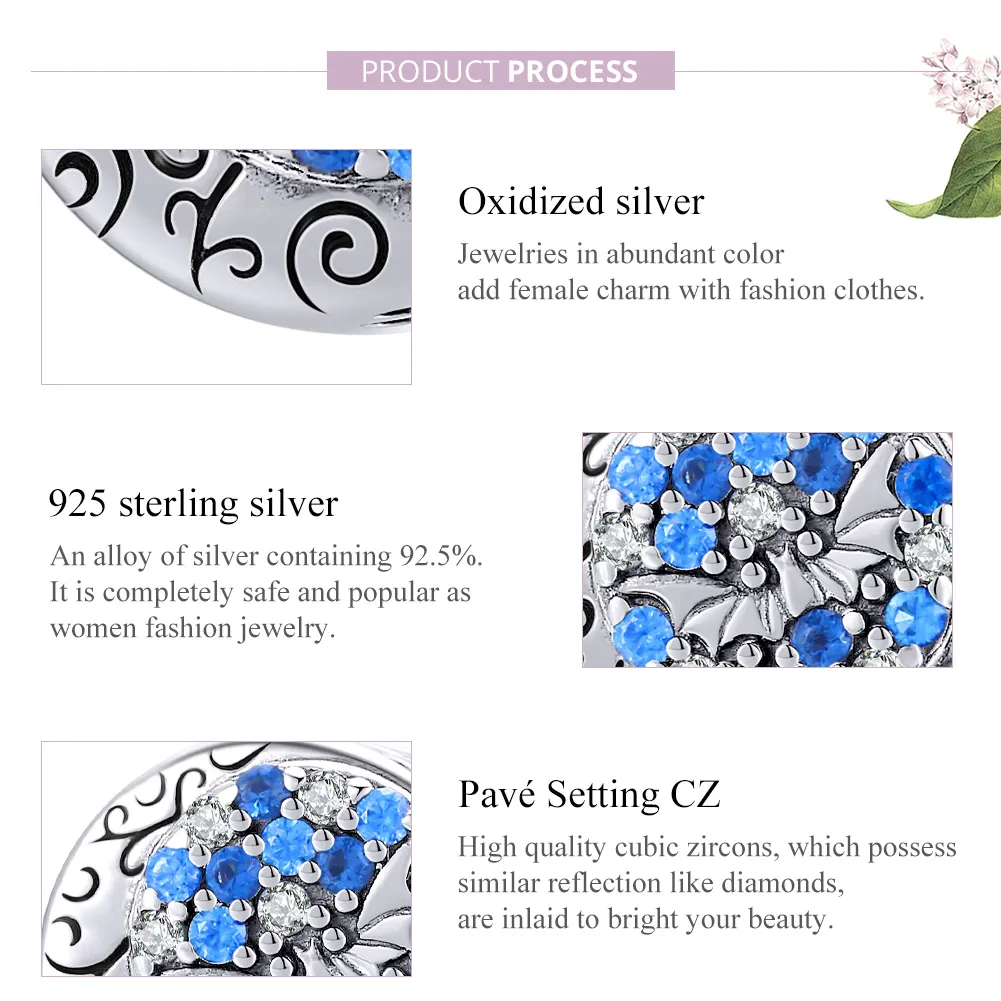 Pandora Style Silver Blue Stone Mysterious Bat Charm - SCC1554
