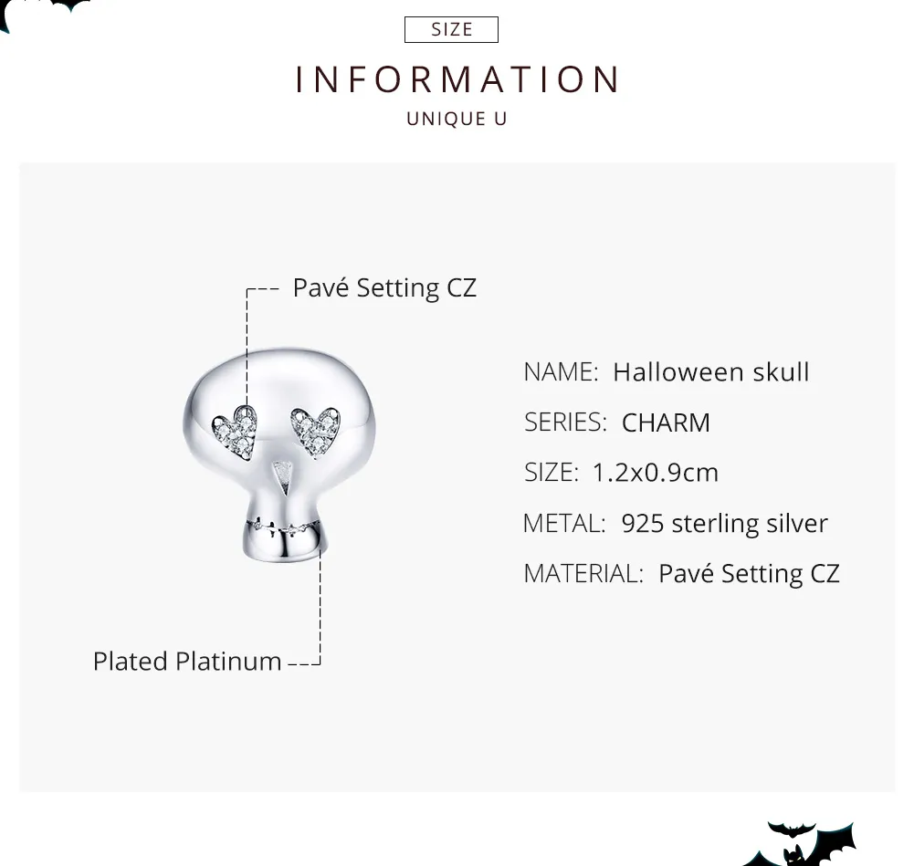 Pandora Style Silver Halloween Skull Charm - SCC1362