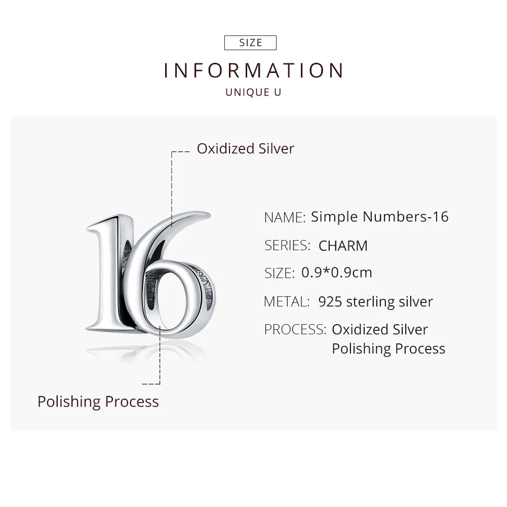 Pandora Style Silver Number 16 Charm - SCC1624