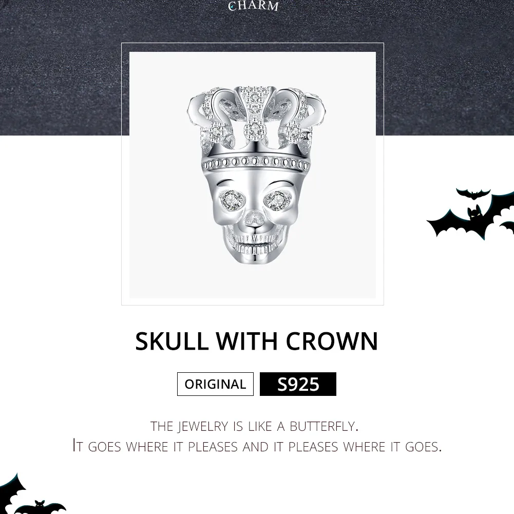 Pandora Style Silver Skull With Crown Charm - SCC1361