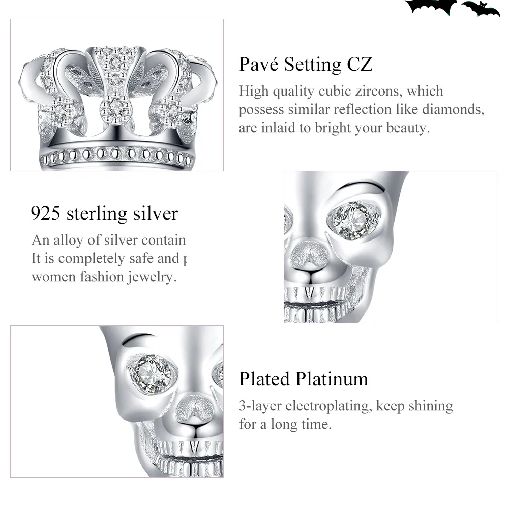 Pandora Style Silver Skull With Crown Charm - SCC1361