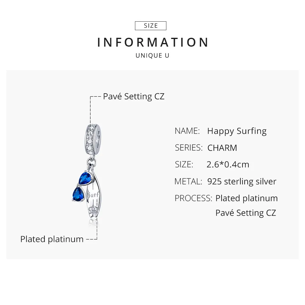 Pandora Style Silver Happy Surfing Dangle - BSC263
